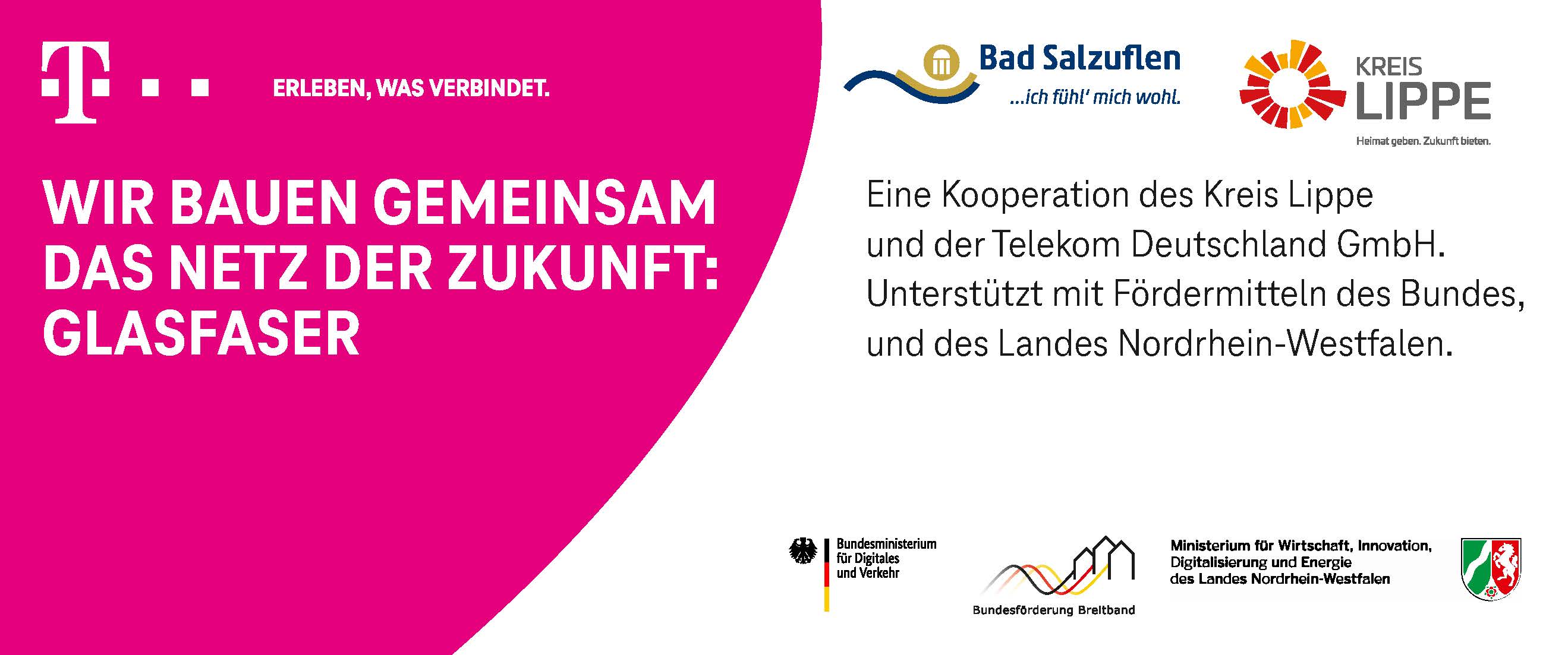 Zu sehen ist ein Banner der Telekom, dass auf den Ausbau von Glasfaser und Kooperationspartner (wie z.B. Stadt Bad Salzuflen, Kreis Lippe) hinweist